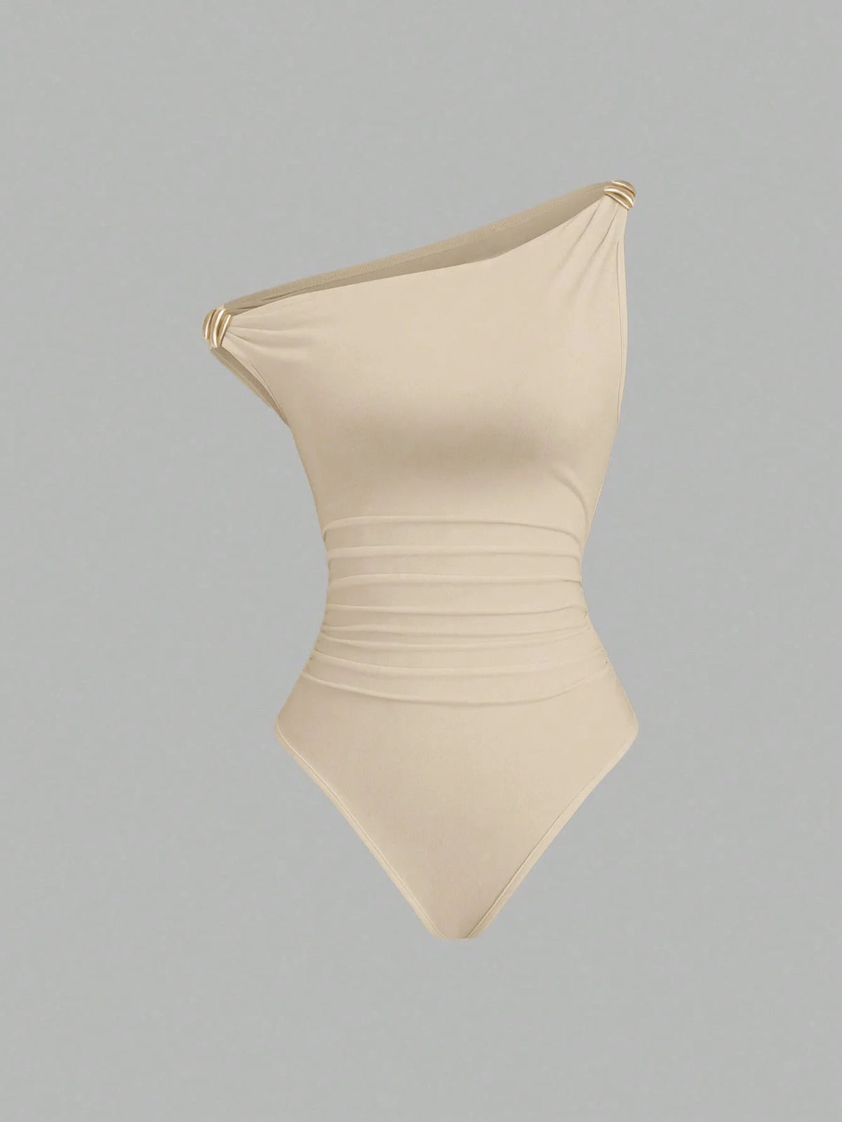One-Shoulder Ruched Gold-Buckle Bodysuit