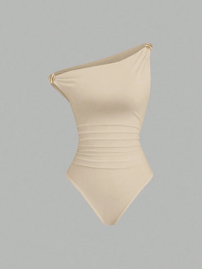 One-Shoulder Ruched Gold-Buckle Bodysuit