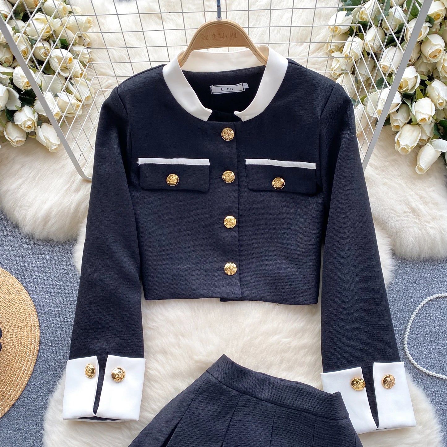 KUSAHIKI 2024 Spring Women's Color Block Short Cardigan Coat + High Waisted Pleated Half Skirt Two Piece Set
