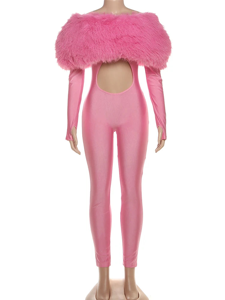 Nibber Hollow Slash Neck Jumpsuits Woman Furry Patchwork Autumn New Trend Sexy Navel Exposed Skinny Peach Hip Hottie Clubwear