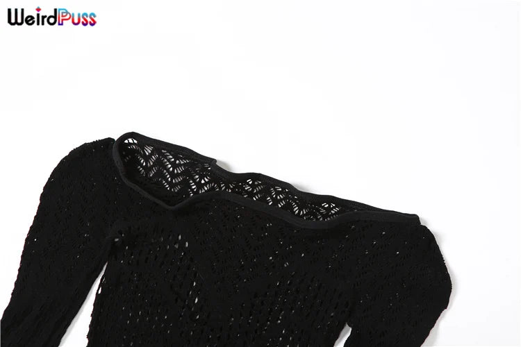 Weird Puss See Through Women Jumpsuits Long Sleeve Hollow Out Hot Girls Sexy Nightclub Dance Party Body-Shaping Coquette Outfits