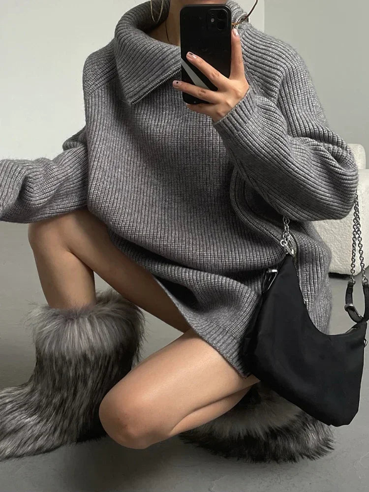 Oversized Turtleneck Zipper Sweater