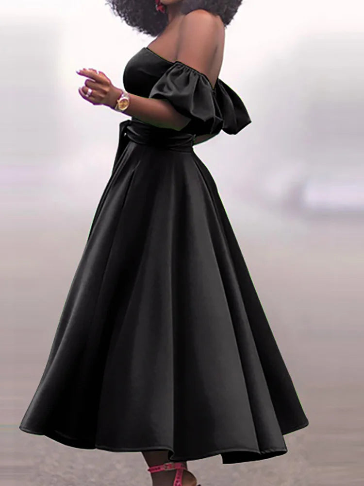 Slim Fit Belt Elegant Lady Midi Dresses Summer Women Off Shoulder Solid Party Dress Slash Neck Short Sleeve Patchwork Club Dress