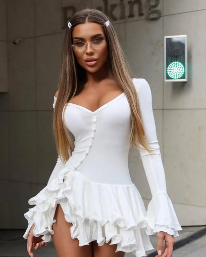 Ruffled V-Neck Button Mini Dress