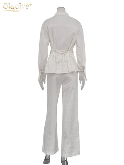 Clacive Loose White Linen Two Pieces