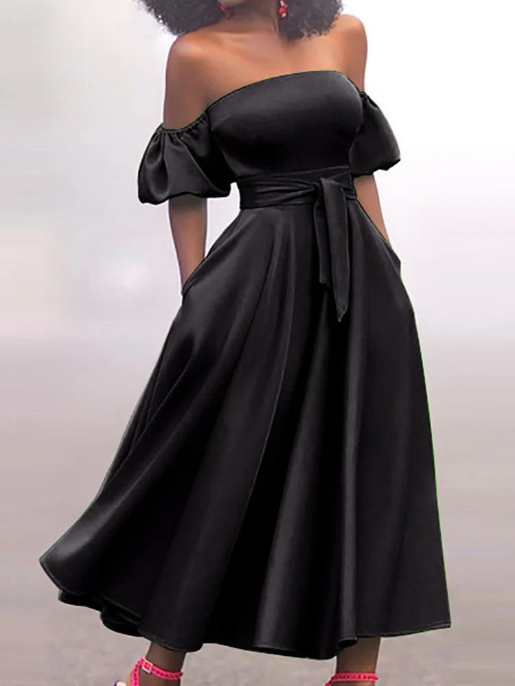 Slim Fit Belt Elegant Lady Midi Dresses Summer Women Off Shoulder Solid Party Dress Slash Neck Short Sleeve Patchwork Club Dress