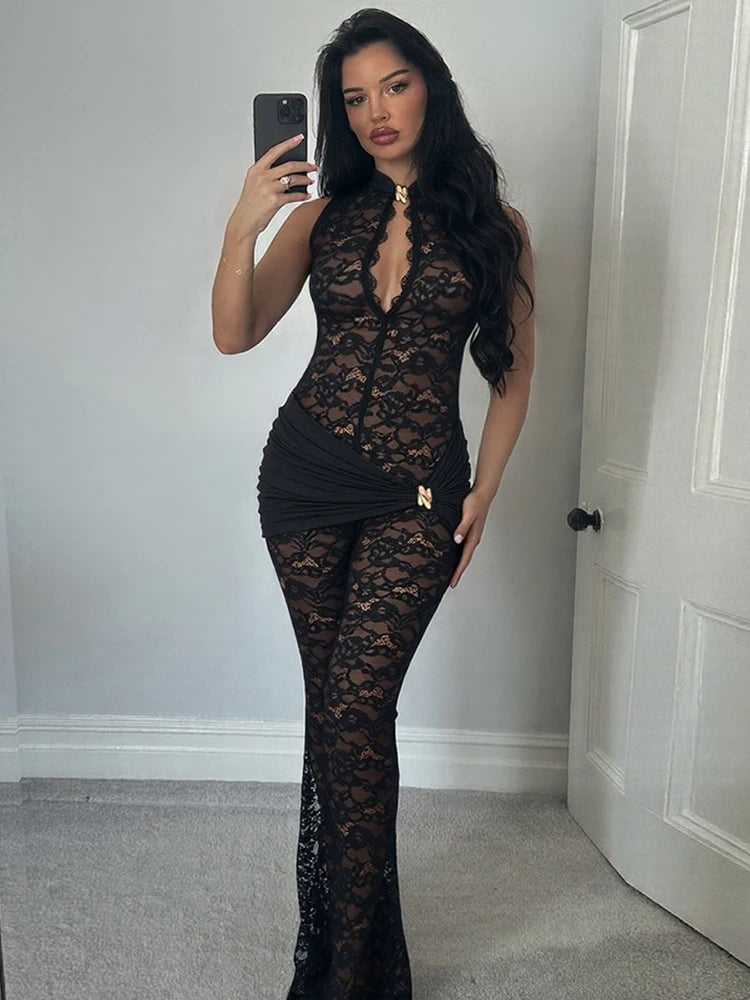 Nibber Streetwear Patchwork Jacquard Jumpsuit Woman Sexy Ruched Waist Metal Knot Stretch Skinny Midnight Workout Overalls