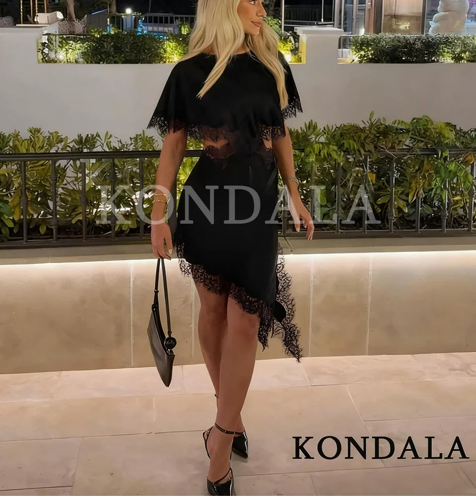 KONDALA Sexy Waist Hollow Dress Women Satin Asymmetrical Hem Lace Dress 2026 Spring Summer Fashion Holiday Dating Party Dress