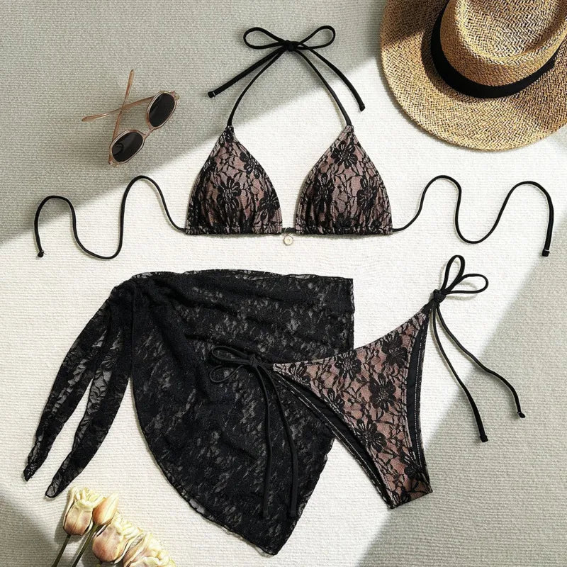 Contrast Lace Three-Piece Bikini Set
