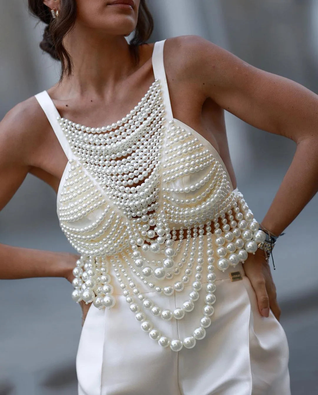 Pearl Beading Tops Wpmen V-neck Handmade