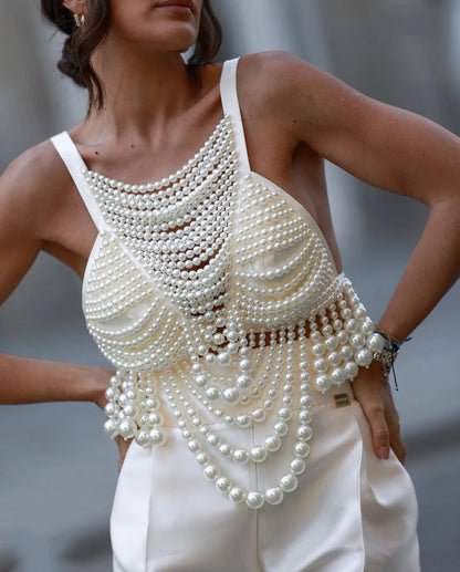 Pearl Beading Tops Wpmen V-neck Handmade