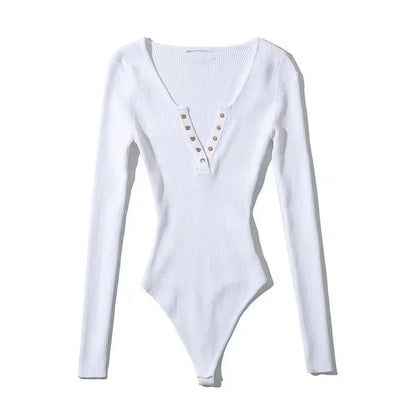 Gold Button Ribbed Knit V-Neck Bodysuit
