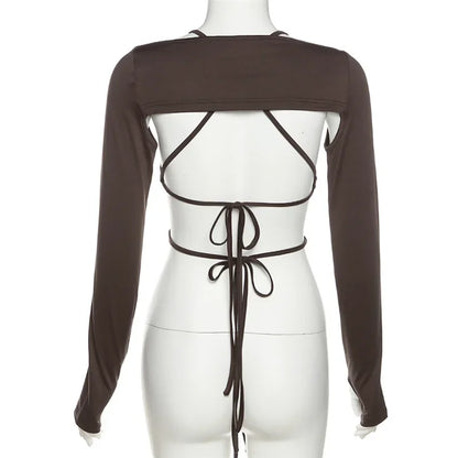Drawstring Backless Long Sleeve Crop Top