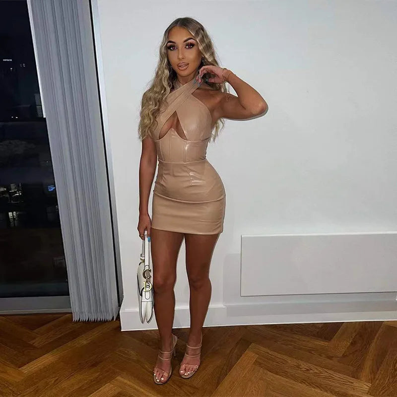 Sexy Off Shoulder Wrap Chest Hollow Out Imitation Leather Bodycon Dress Women Sleeveless Skinny Evening Dress Club Party