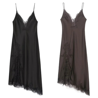 Lace-Spliced Satin Maxi Dress