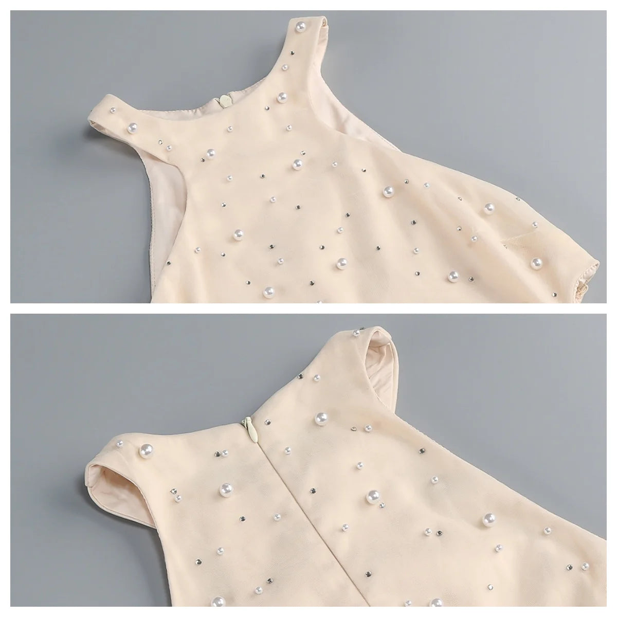 PB Elegant Beige Beaded Cut-Out Pearl Long Dresses Sexy Sleeveless High Waist Slim Party Evening Gown Vestidos