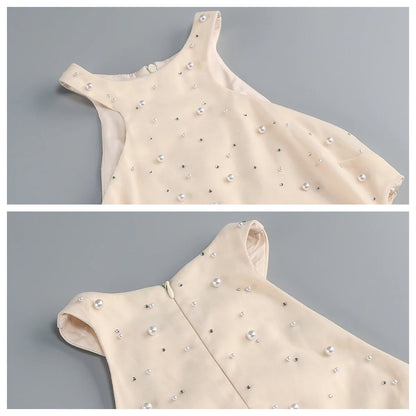 PB Elegant Beige Beaded Cut-Out Pearl Long Dresses Sexy Sleeveless High Waist Slim Party Evening Gown Vestidos