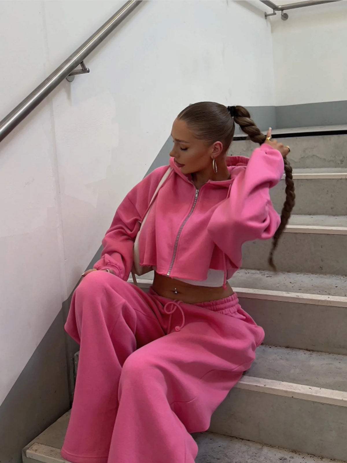 Hooded Zip Crop Sweatshirt & Sweatpants Set