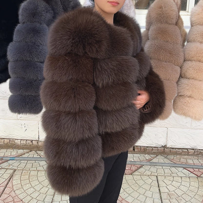 QUEENTINA Fox Fur Coat Real Brown