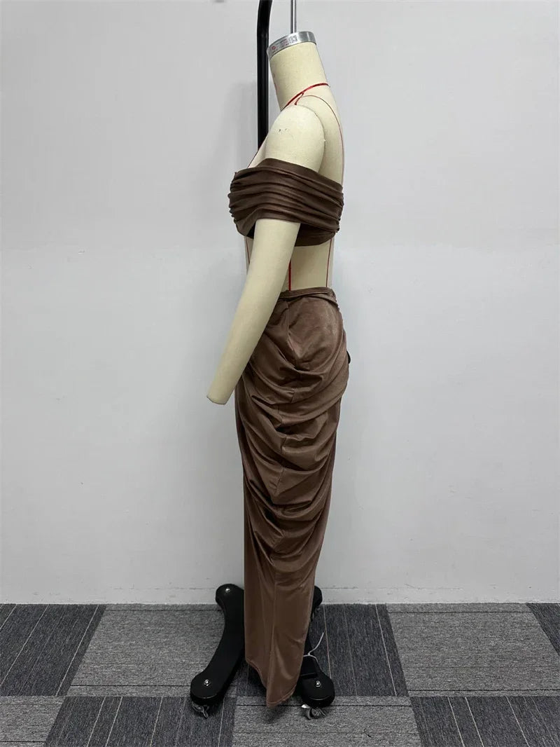 Sexy Party Night Ruched Maxi Dress Sets for Women Two Piece Set Sexy Club Outfits Slash Neck Crop Top + Long Skirt Matching Sets