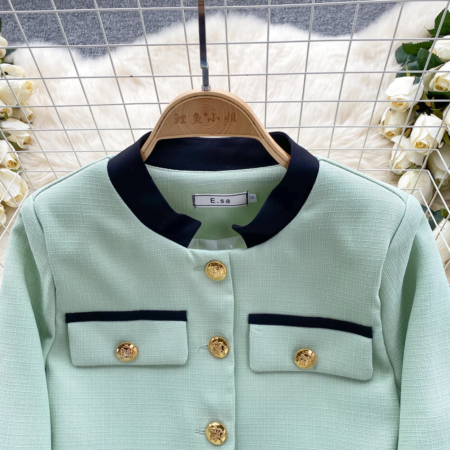 KUSAHIKI 2024 Spring Women's Color Block Short Cardigan Coat + High Waisted Pleated Half Skirt Two Piece Set