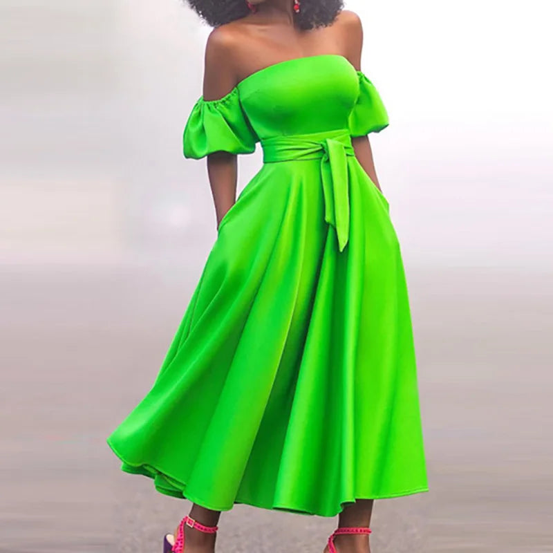 Slim Fit Belt Elegant Lady Midi Dresses Summer Women Off Shoulder Solid Party Dress Slash Neck Short Sleeve Patchwork Club Dress