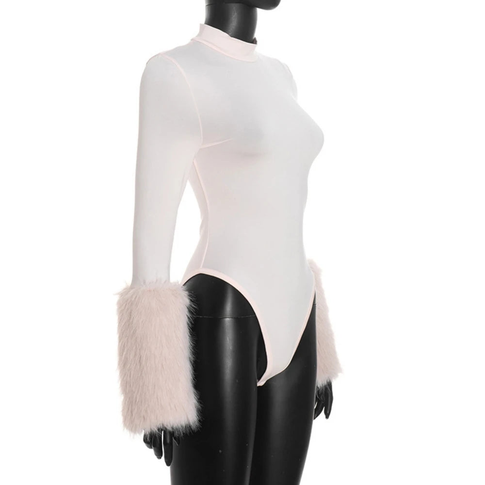 FAGADOER Winter New Sexy Fur Patchwork 2 Pieces Set for Woman Outfits Long Sleeves Bodycon Playsuits + Shorts Female Streetwear