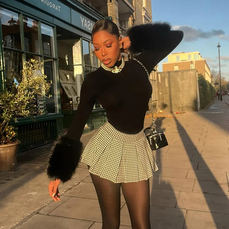 FAGADOER Winter New Sexy Fur Patchwork 2 Pieces Set for Woman Outfits Long Sleeves Bodycon Playsuits + Shorts Female Streetwear