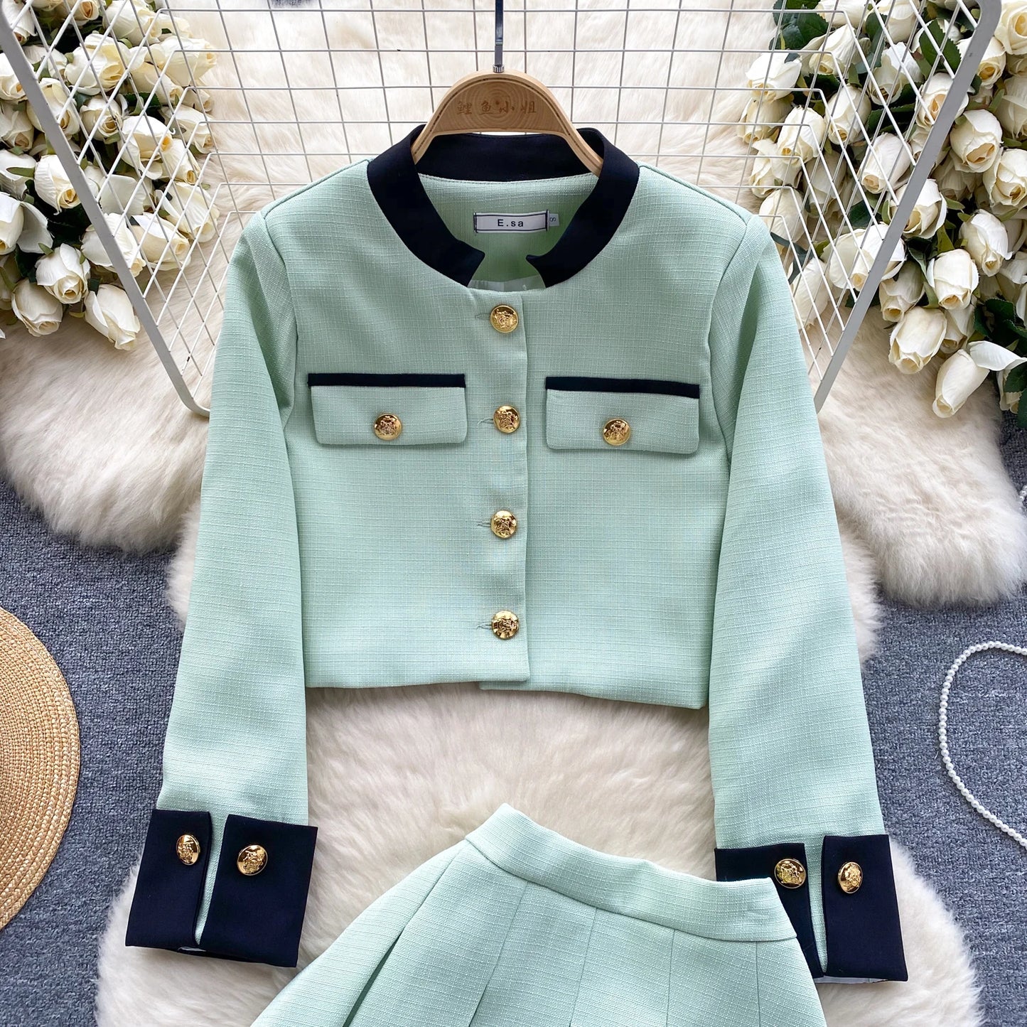 KUSAHIKI 2024 Spring Women's Color Block Short Cardigan Coat + High Waisted Pleated Half Skirt Two Piece Set