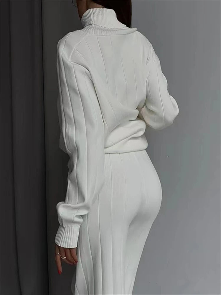 REALEFT White Sets Knitted Tracksuit Turtleneck