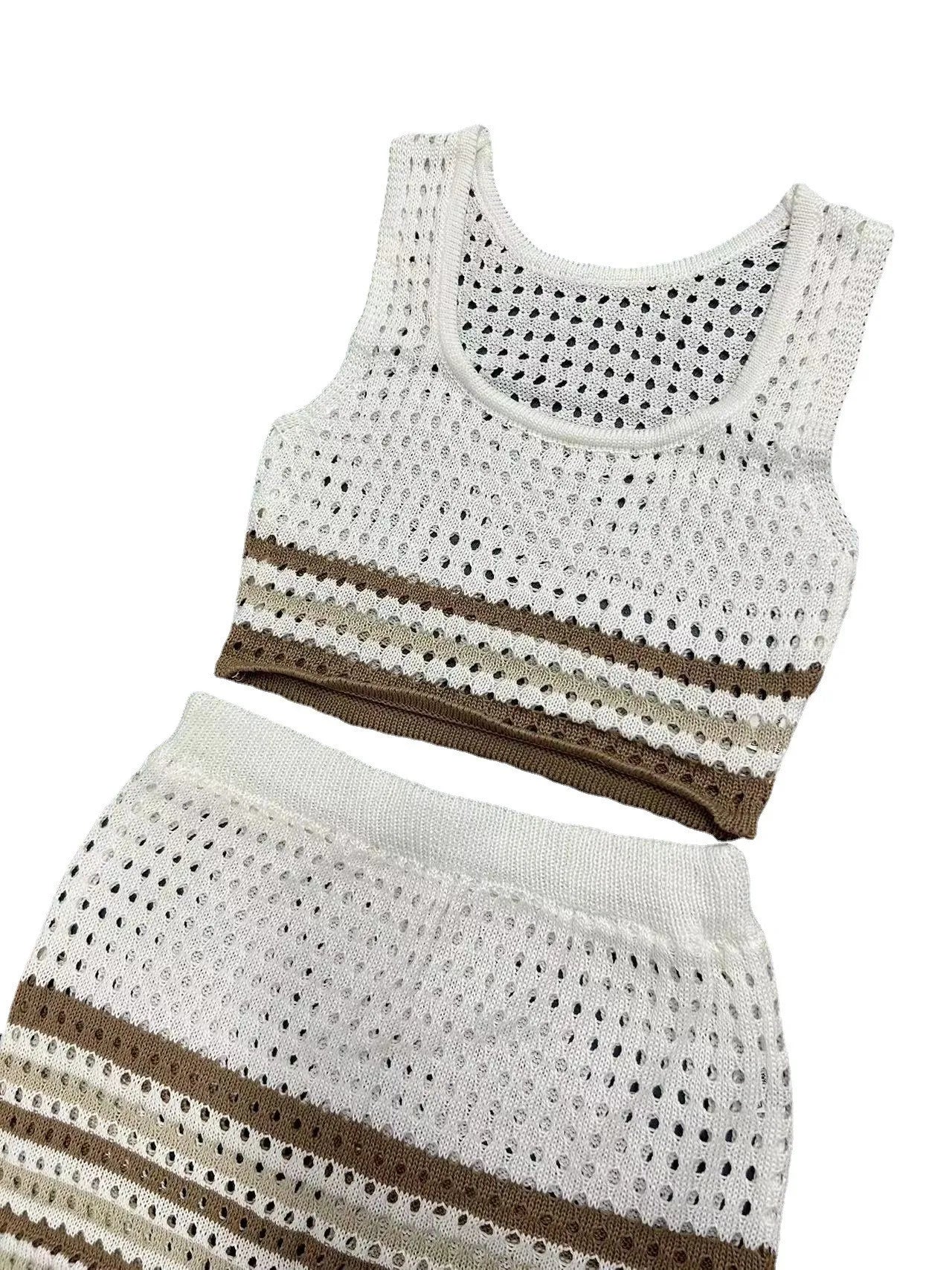 Women's Crochet Swimsuit, Beach Cover Up Knit Dress, Striped Swimwear, Bikini Cover-up, Sexy Crop Top and High Waist Skirt, 2 Pc