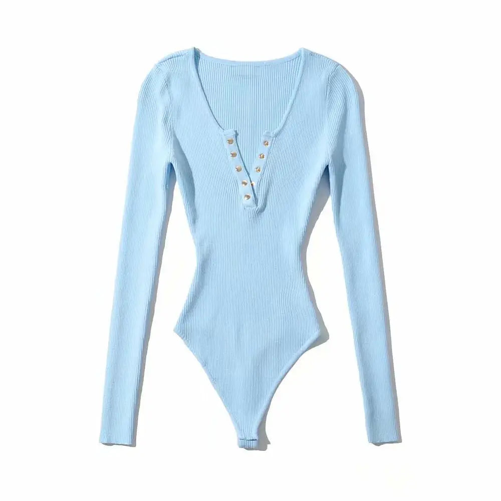 Gold Button Ribbed Knit V-Neck Bodysuit