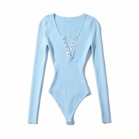 Gold Button Ribbed Knit V-Neck Bodysuit