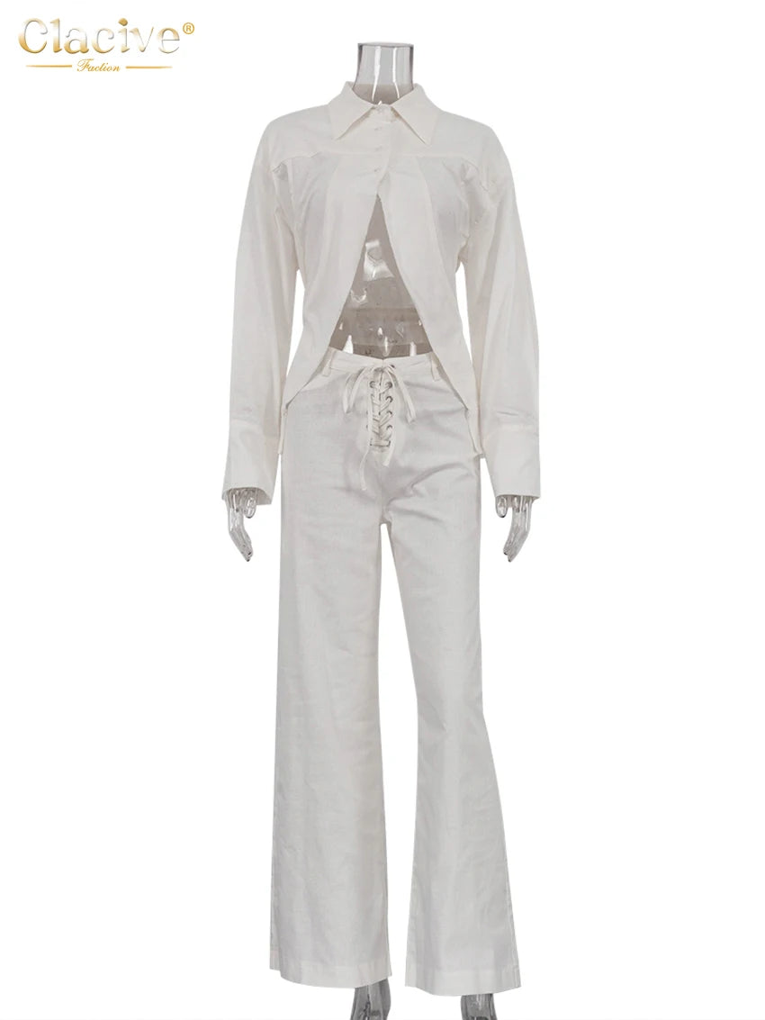 Clacive Loose White Linen Two Pieces