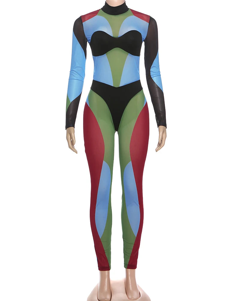 Nibber Colorful Print Jumpsuits Woman Turtleneck Full Sleeve Sexy See Through Skinny Peach Hip Hottie Street Fashion Overalls