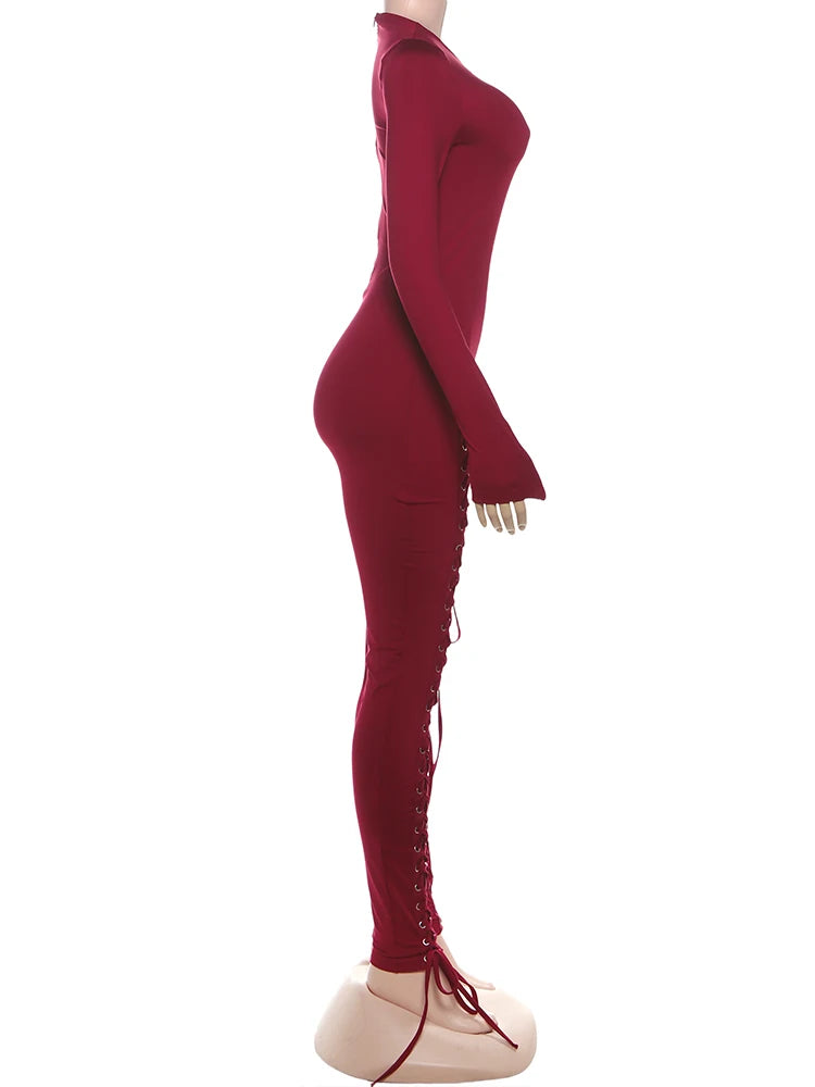 Weird Puss Sexy Fall Jumpsuits Women Diy Shirring o-Neck Full Sleeve Midnight Party Club Stretch Activity Fitness Slim Overalls