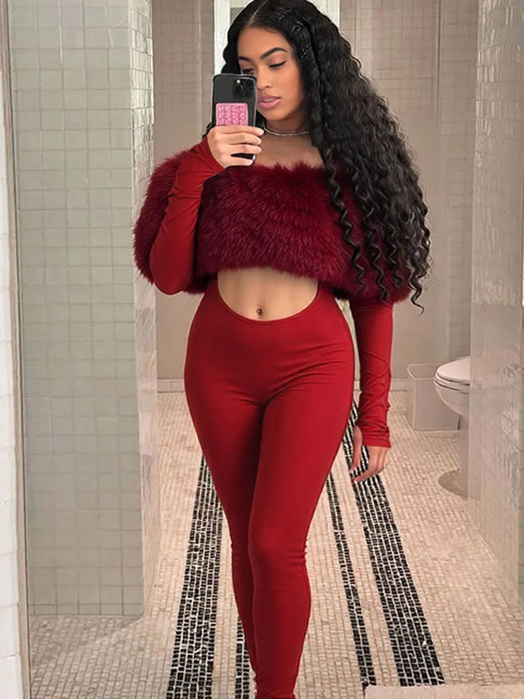 Nibber Hollow Slash Neck Jumpsuits Woman Furry Patchwork Autumn New Trend Sexy Navel Exposed Skinny Peach Hip Hottie Clubwear