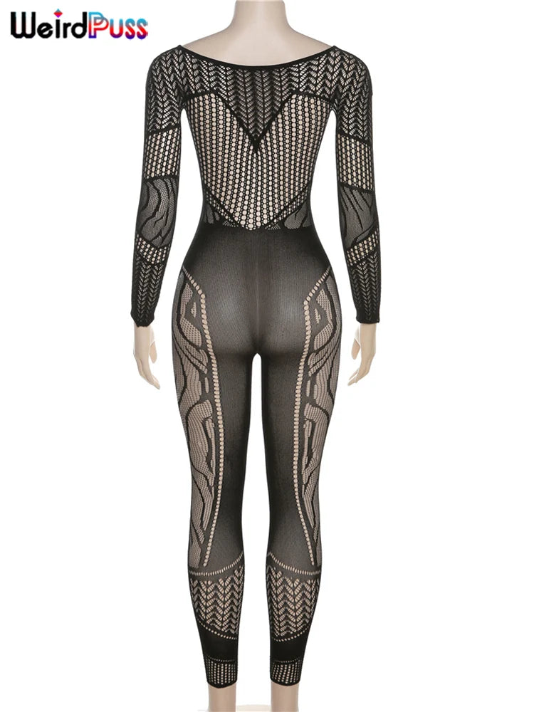 Weird Puss See Through Women Jumpsuits Long Sleeve Hollow Out Hot Girls Sexy Nightclub Dance Party Body-Shaping Coquette Outfits