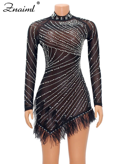 Feather & Rhinestone Mesh Party Dress