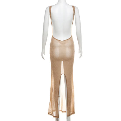 Open-Back Side-Split Metallic Maxi Dress