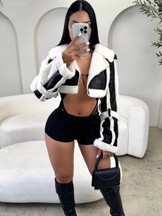 Weird Puss Furry Patchwork Women Crop Jacket Hipster Full Sleeve Open Stitch Hipster Streetwear Warm Outwear Basic Wild Coat