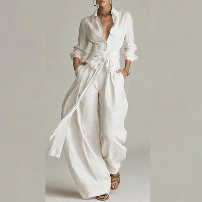 Belted Button Shirt & Wide-Leg Pants Set