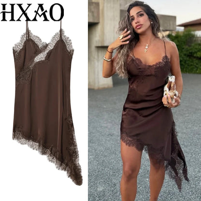 Black Satin Asymmetrical Lace Slip Dress