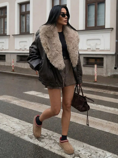 Vintage Faux Fur Collar Faux Leather Jacket