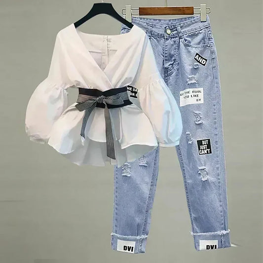 V-Neck Stripe Lantern Sleeve Bow Belt