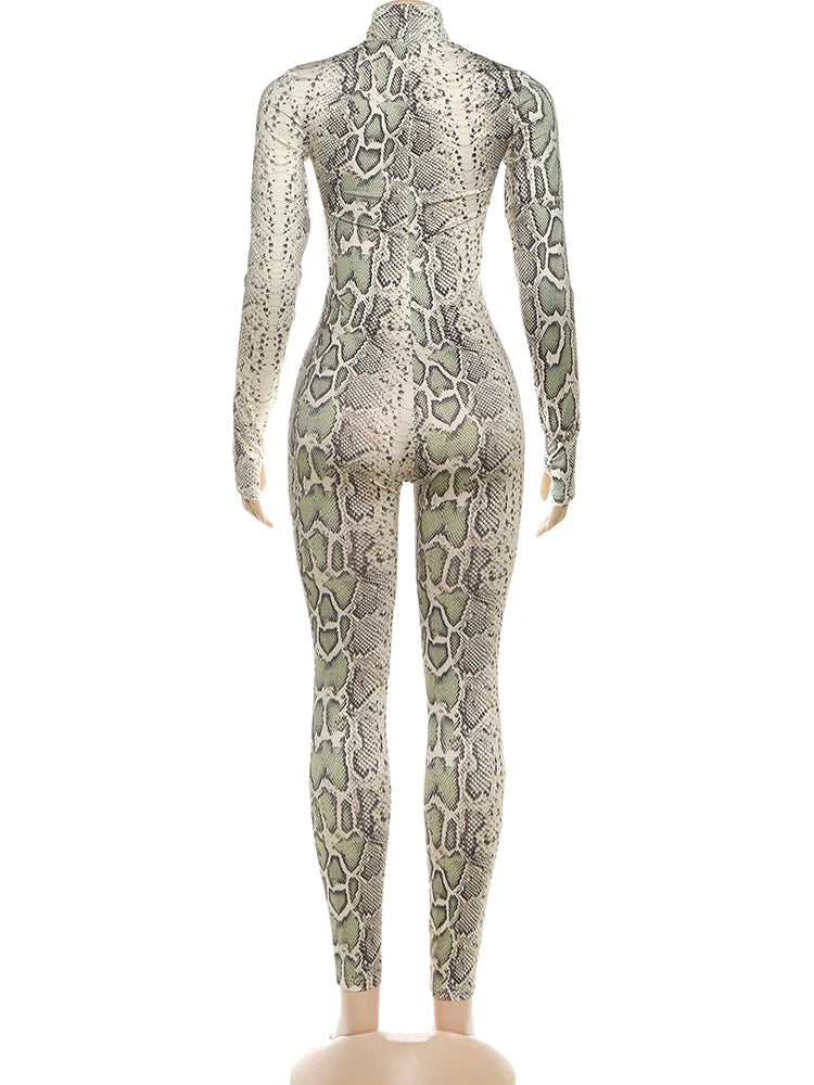 Weird Puss Snake Print Jumpsuit Woman Sexy Cirque Hollow Full Sleeve Skinny Fitness Midnight Clubwear Party Coquette Overalls
