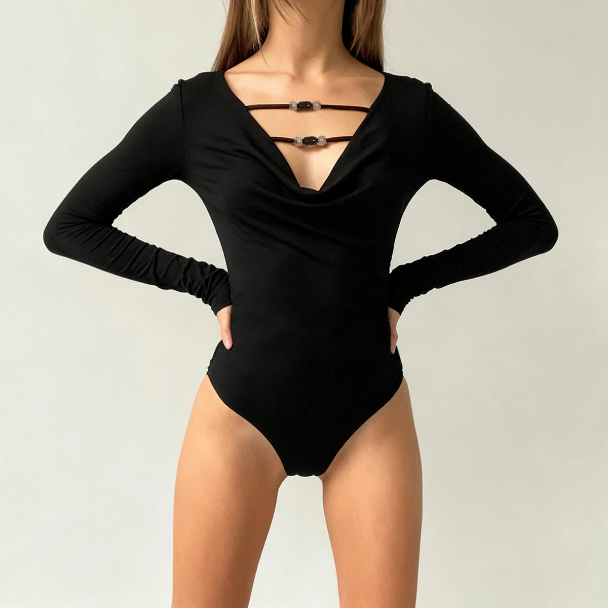 SUCHCUTE Fitted Halter-Neck Beaded Jumpsuit Solid