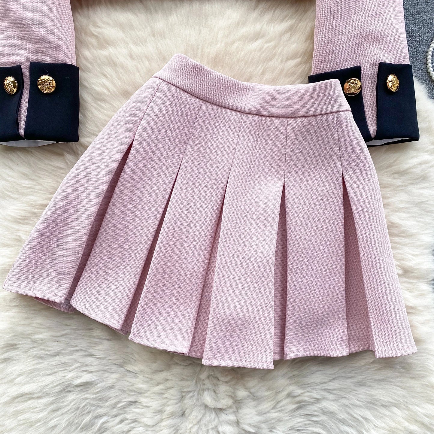 KUSAHIKI 2024 Spring Women's Color Block Short Cardigan Coat + High Waisted Pleated Half Skirt Two Piece Set