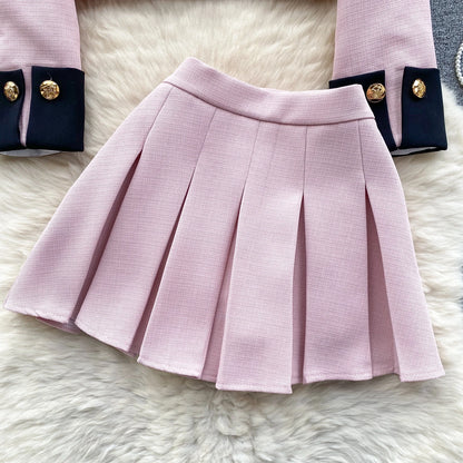 Color Block Cardigan & Pleated Skirt Set