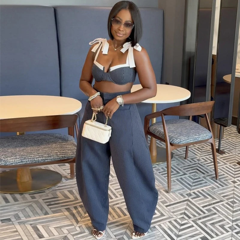 Sets Striped Patchwork Straps Bow Crop